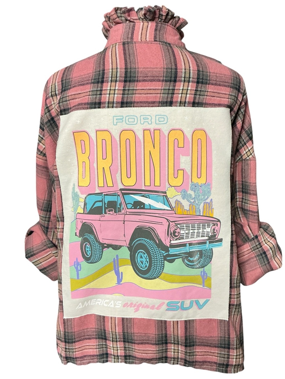 Ford Bronco Upcycled Flannel Tee Shirt Top Unique Boyfriend